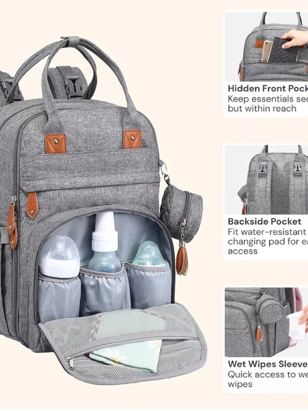 Grey Baby Diaper Backpack with Tan Accent Details